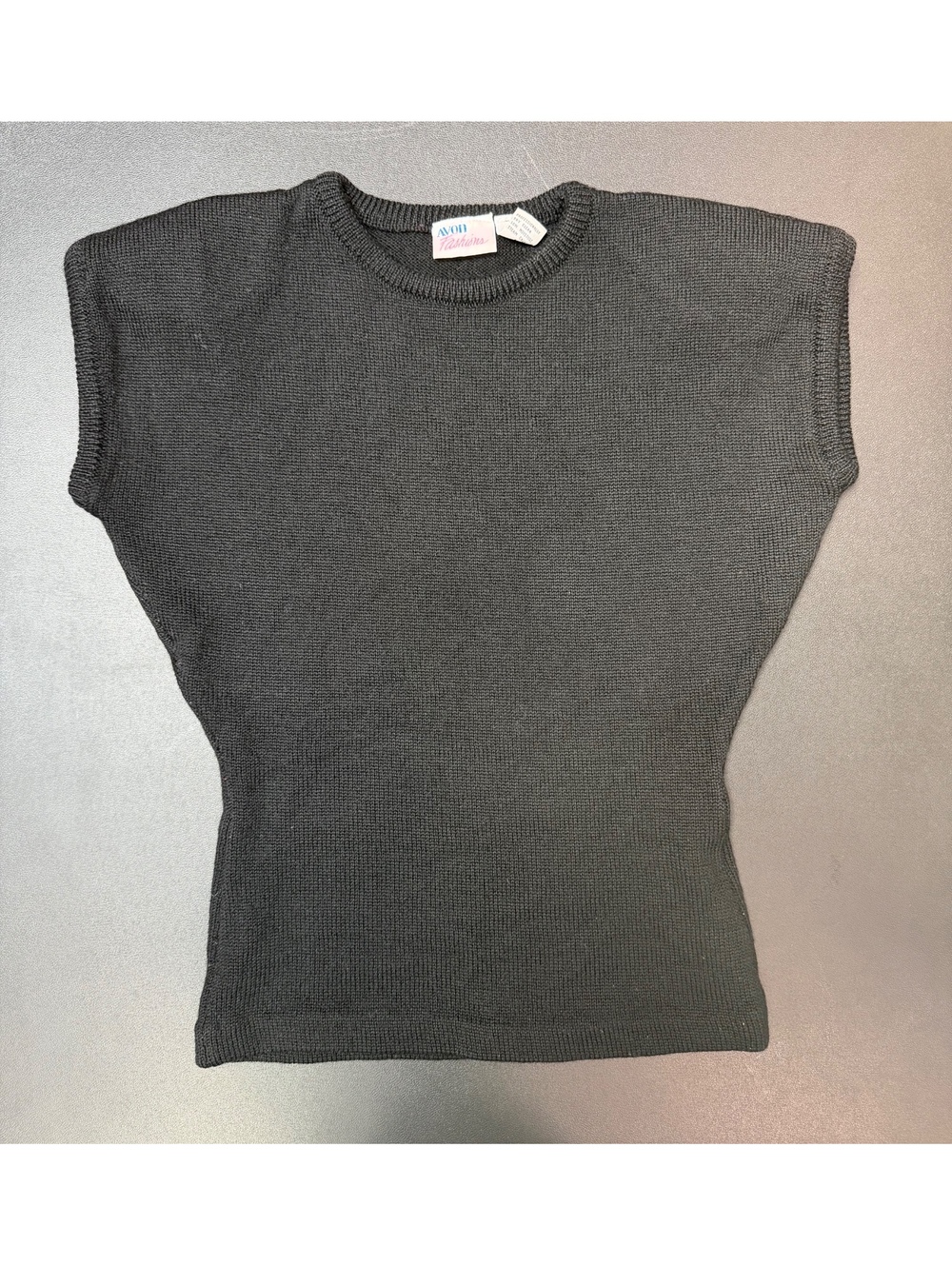 Vintage Avon Fashions Black Wool Sweater Small Cap Sleeve Crew Neck